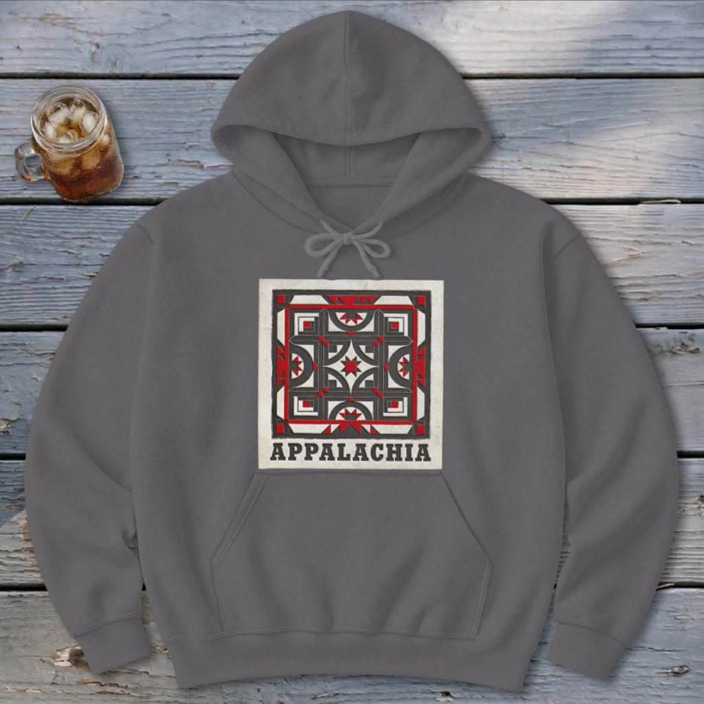 A dark gray hooded sweatshirt featuring a square geometric quilt pattern and the text Appalachia.