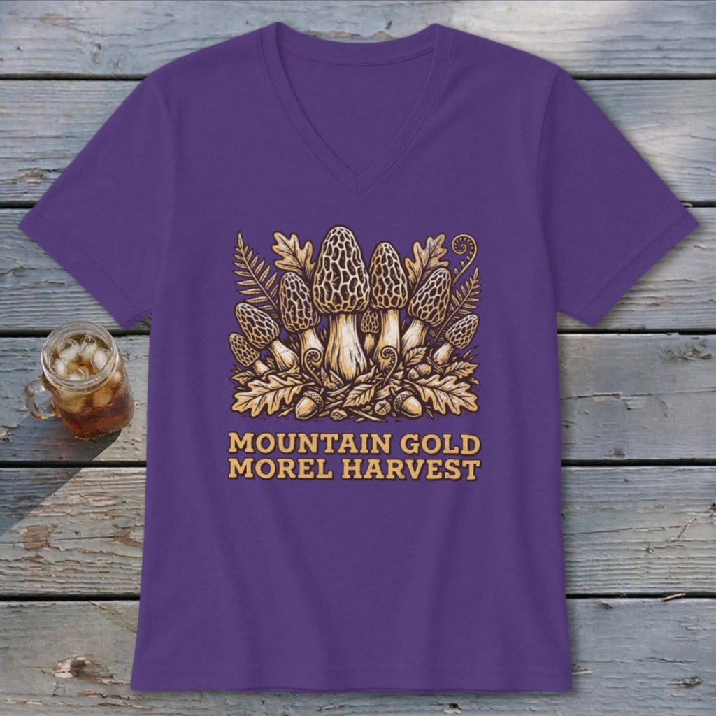 Purple v-neck t-shirt with a Morel mushroom harvest design and text.