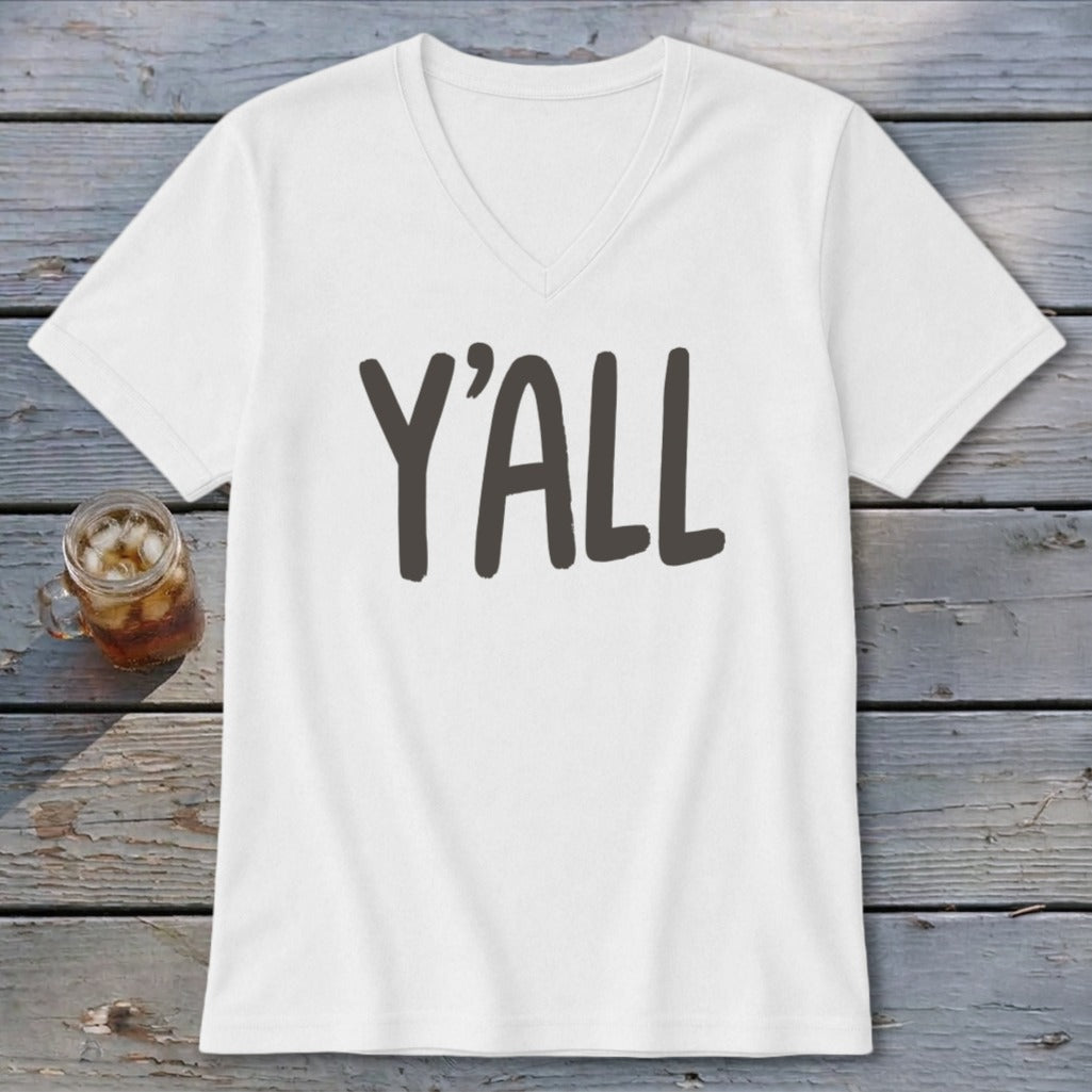 White V-neck t-shirt with large dark gray text reading "Y'ALL".