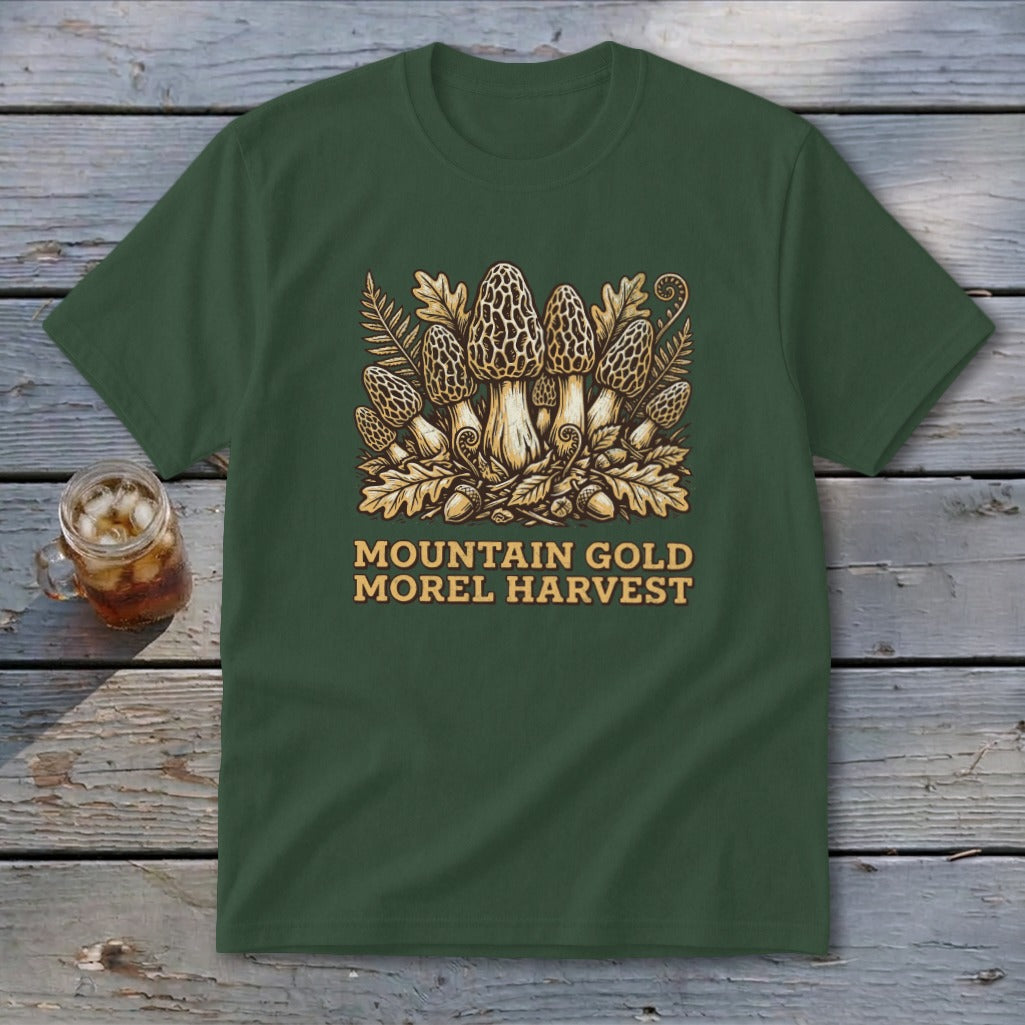 Green t-shirt with "Mountain Gold Morel Harvest" text and a mushroom graphic.