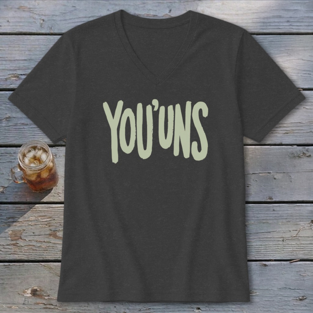 Dark grey v-neck t-shirt with "YOU'UNS" text in light green.