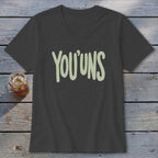 Dark grey v-neck t-shirt with "YOU'UNS" text in light green.