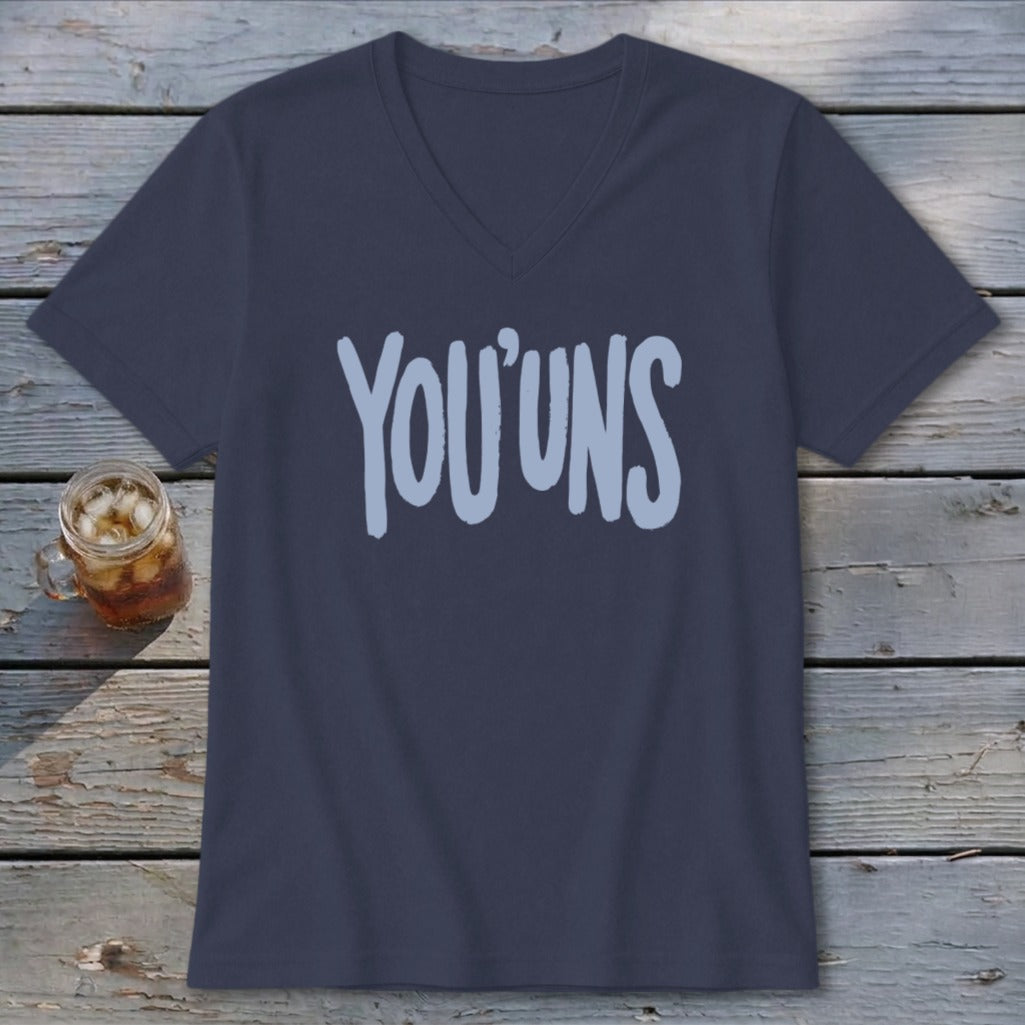 Dark navy v-neck t-shirt with light blue "YOU'UNS" text.