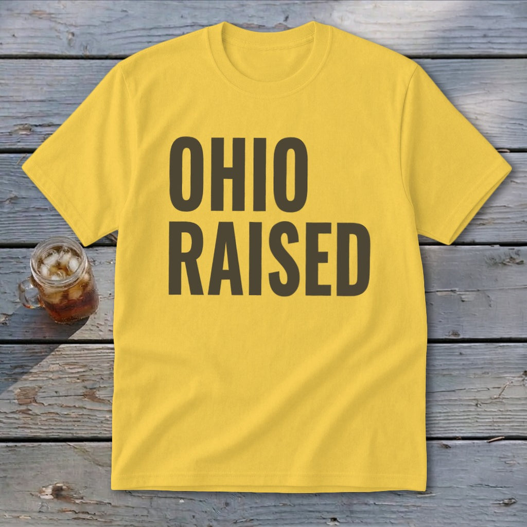 Yellow t-shirt with "OHIO RAISED" text in dark brown lettering.