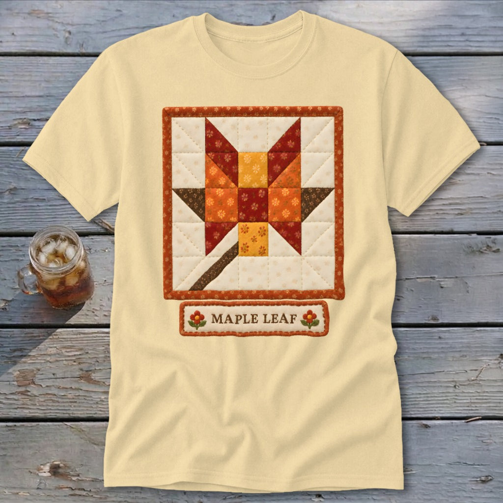 Light yellow t-shirt with a quilted maple leaf design and "Maple Leaf" text.