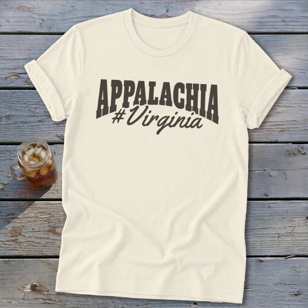Cream t-shirt with "APPALACHIA #Virginia" text, on a wooden surface.