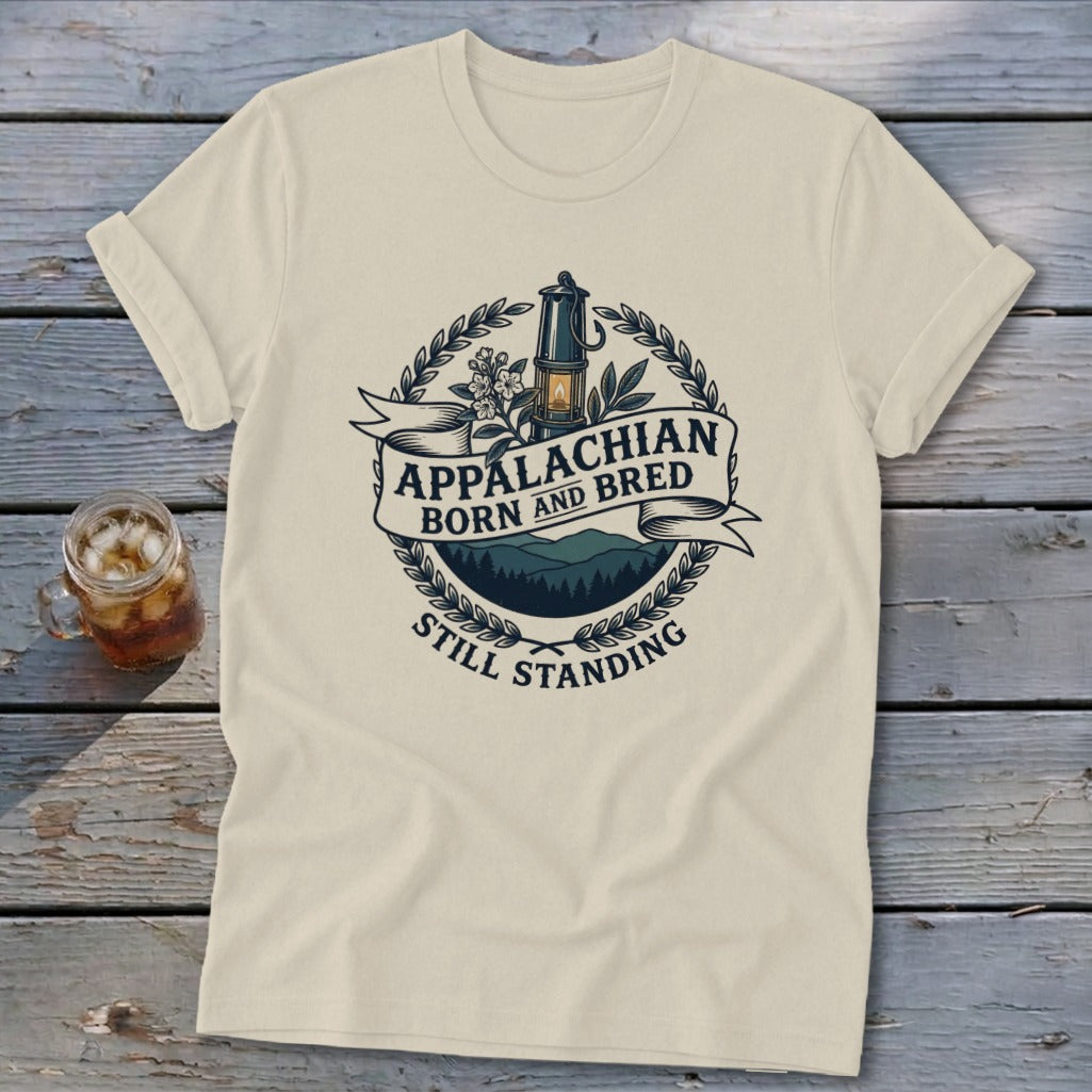 Cream t-shirt with "Appalachian Born and Bred Still Standing" text and lantern graphic.