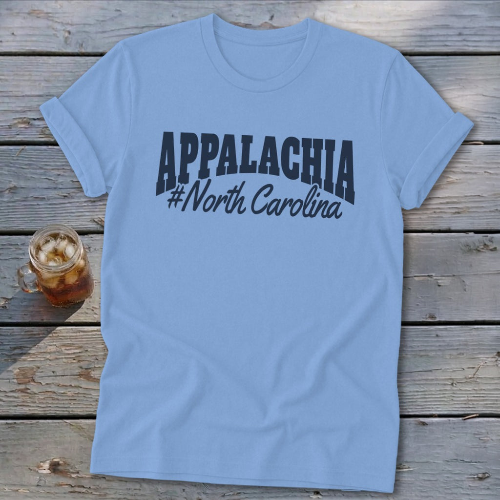 Light blue t-shirt with "APPALACHIA #North Carolina" graphic