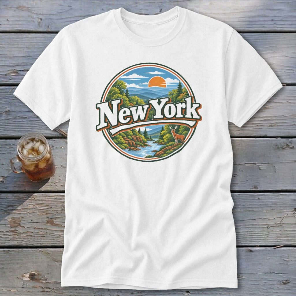 White t-shirt with a circular graphic of a New York mountain landscape and deer.