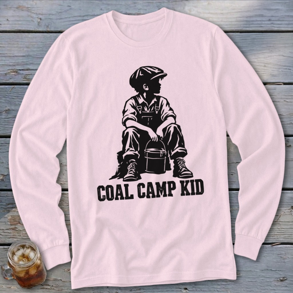 Long-sleeve pink shirt with black graphic of a boy and "COAL CAMP KID" text.