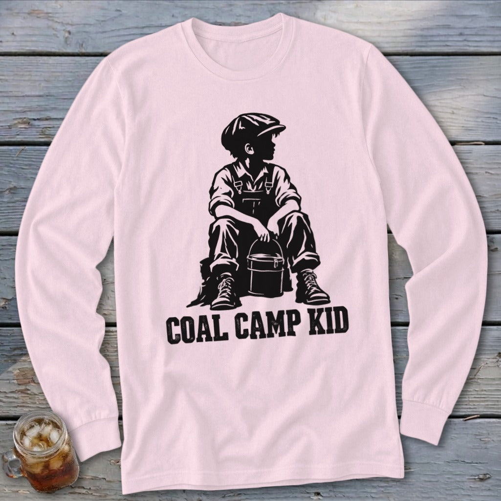 Long-sleeve pink shirt with black graphic of a boy and "COAL CAMP KID" text.