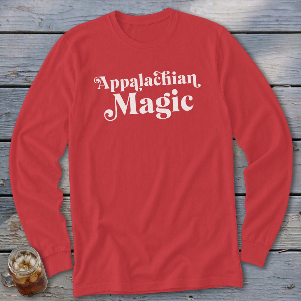 Red long-sleeve shirt with "Appalachian Magic" text in white script font.