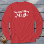 Red long-sleeve shirt with "Appalachian Magic" text in white script font.