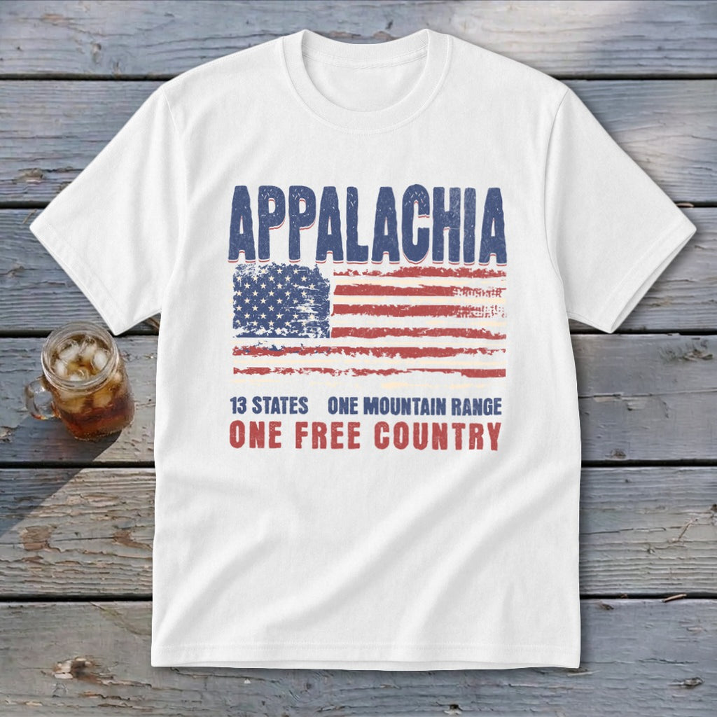 White crewneck t-shirt with a vintage graphic featuring the American flag, Appalachia, and patriotic text.