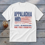 White crewneck t-shirt with a vintage graphic featuring the American flag, Appalachia, and patriotic text.