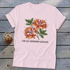 Pink t-shirt with illustration of orange flame azalea flowers and text.