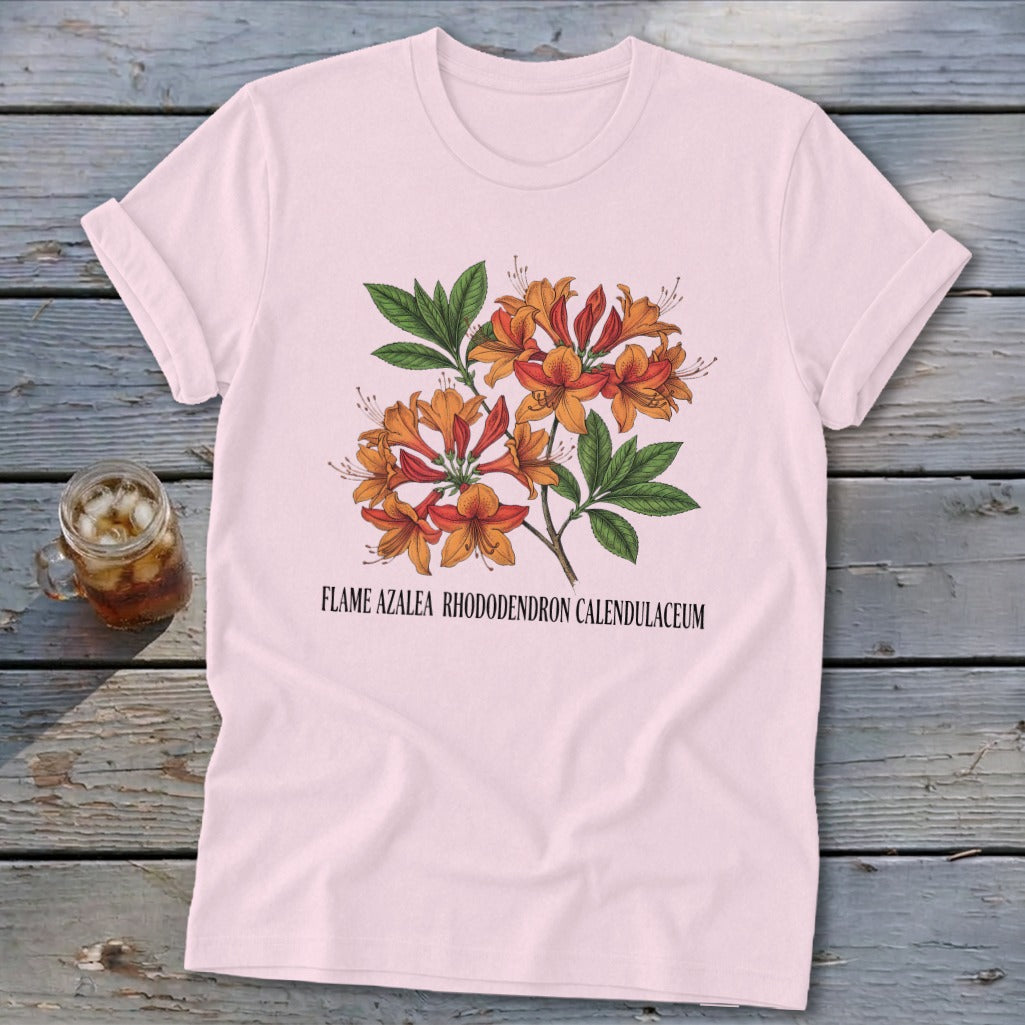 Pink t-shirt with illustration of orange flame azalea flowers and text.