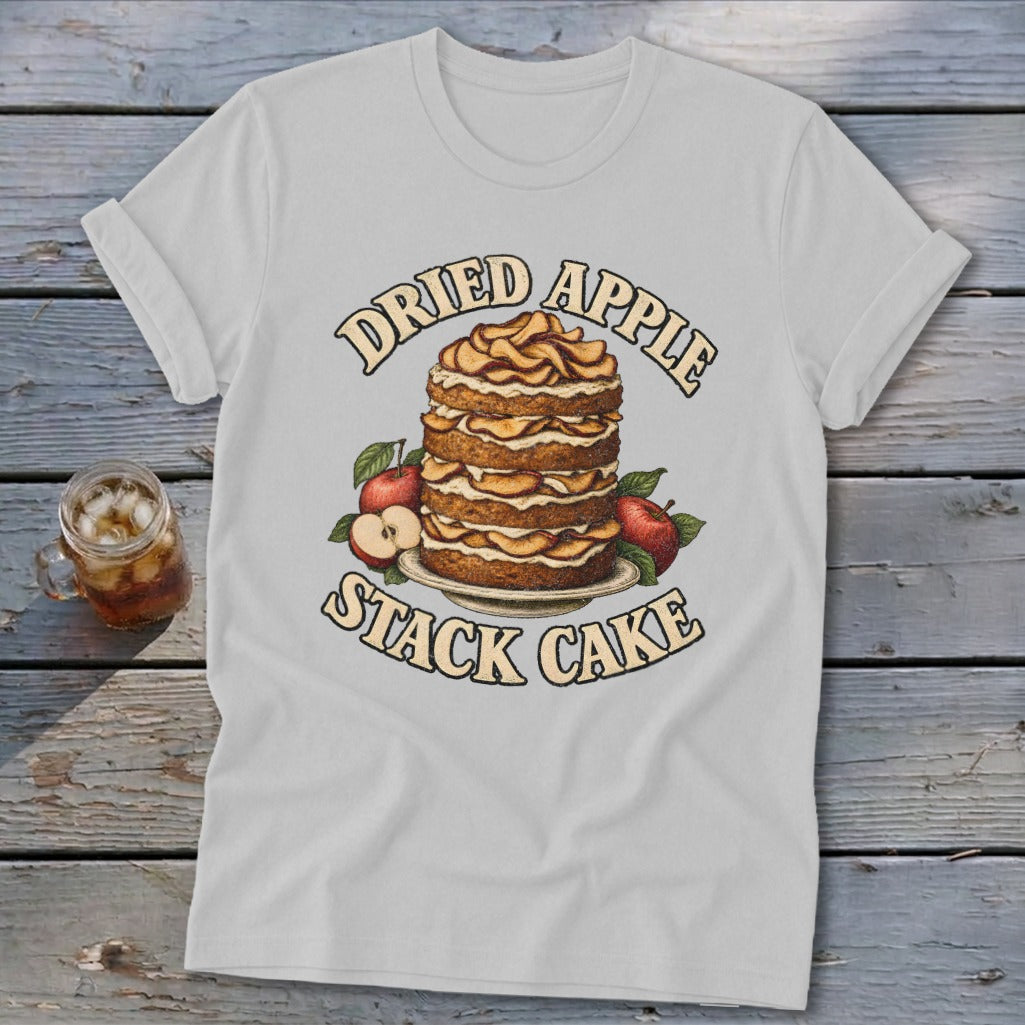 T-shirt graphic of a dried apple stack cake with text "DRIED APPLE STACK CAKE".