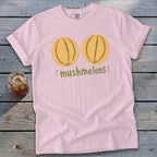 Pink t-shirt with two green and yellow cantaloupe illustrations and text "mushmelons".