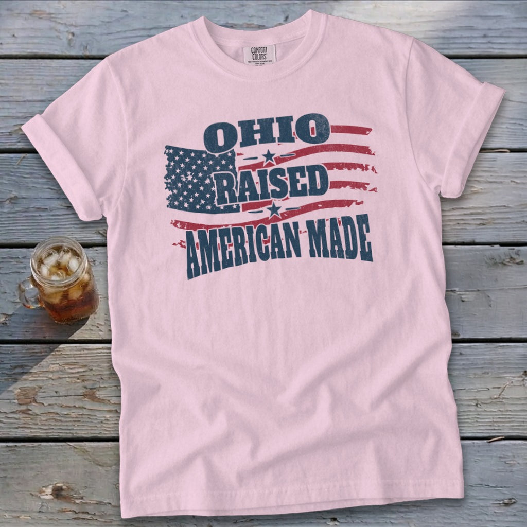 Pink t-shirt with "OHIO RAISED AMERICAN MADE" and distressed US flag graphic.