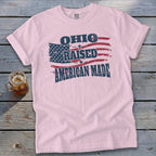 Pink t-shirt with "OHIO RAISED AMERICAN MADE" and distressed US flag graphic.