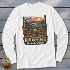 Long sleeve t-shirt with fall porch scene, rocking chairs, pumpkins, and text.