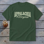 Green t-shirt with "Appalachia #Virginia" text, and a glass of iced tea.