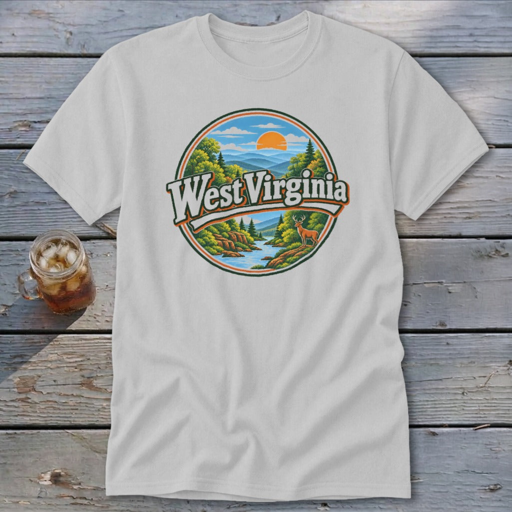 White t-shirt with circular West Virginia mountain and river graphic and deer.