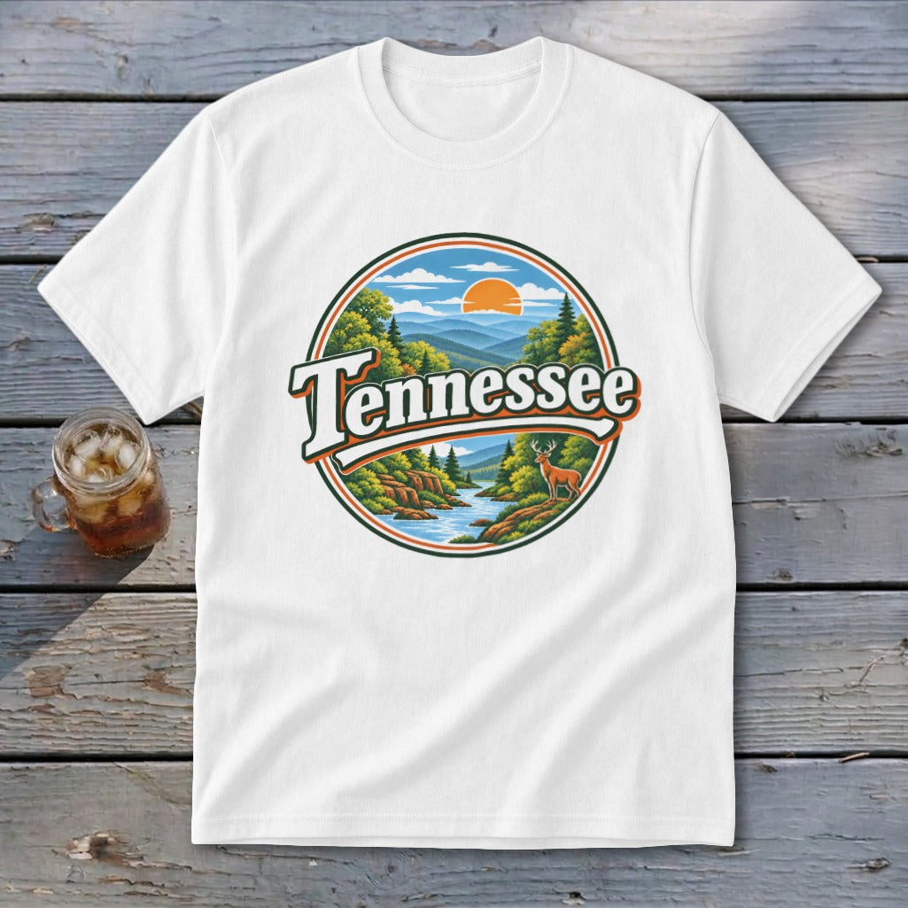 White t-shirt with circular graphic of a Tennessee landscape with mountains, river, and deer.