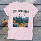 Light pink t-shirt featuring a green graphic and text reading Dolly Sods Wilderness West Virginia Highlands.
