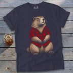 Dark t-shirt with illustration of a groundhog wearing a red and black plaid shirt.