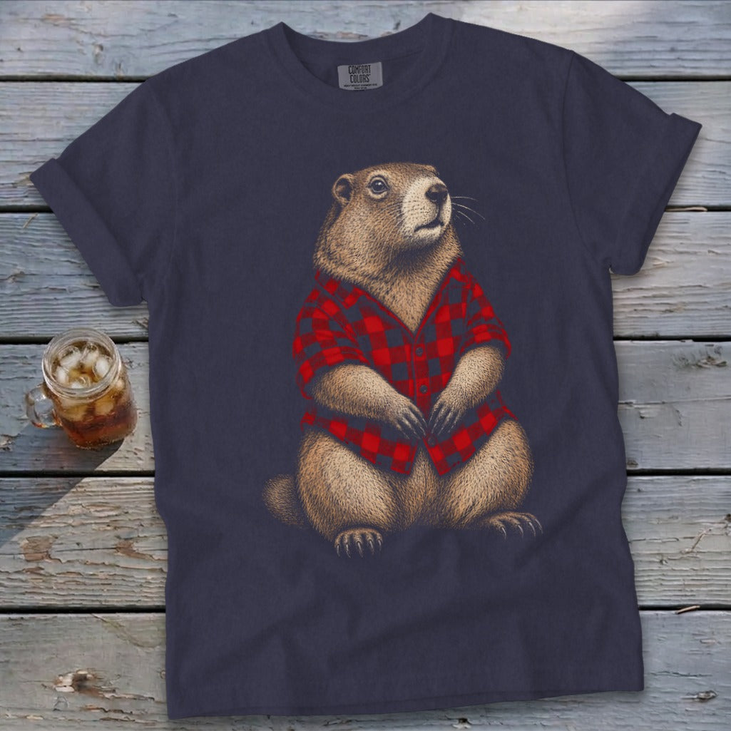 Dark t-shirt with illustration of a groundhog wearing a red and black plaid shirt.