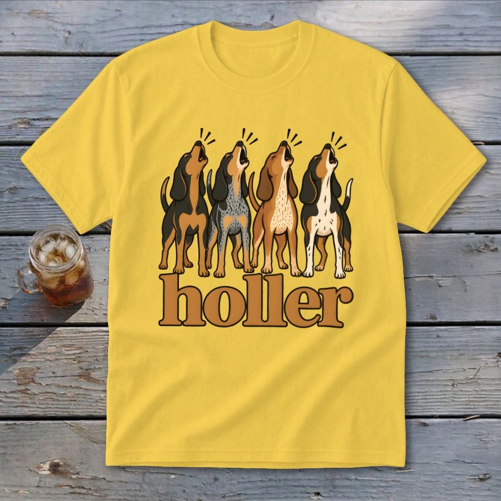 Yellow t-shirt with four howling hounds and the text "holler".