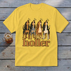 Yellow t-shirt with four howling hounds and the text "holler".