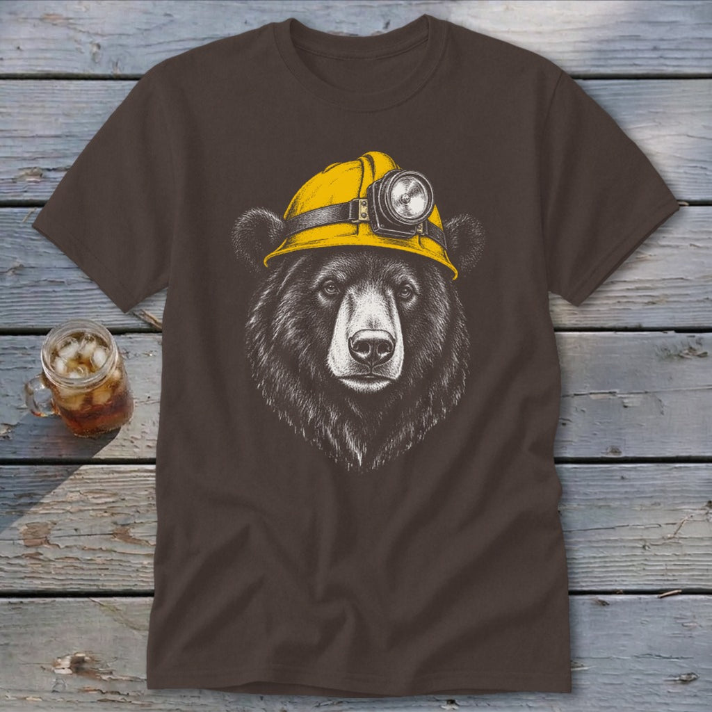 Brown t-shirt with a black bear wearing a yellow hard hat with a headlamp.