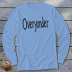 Light blue long sleeve shirt with "Overyonder" in black handwritten text.