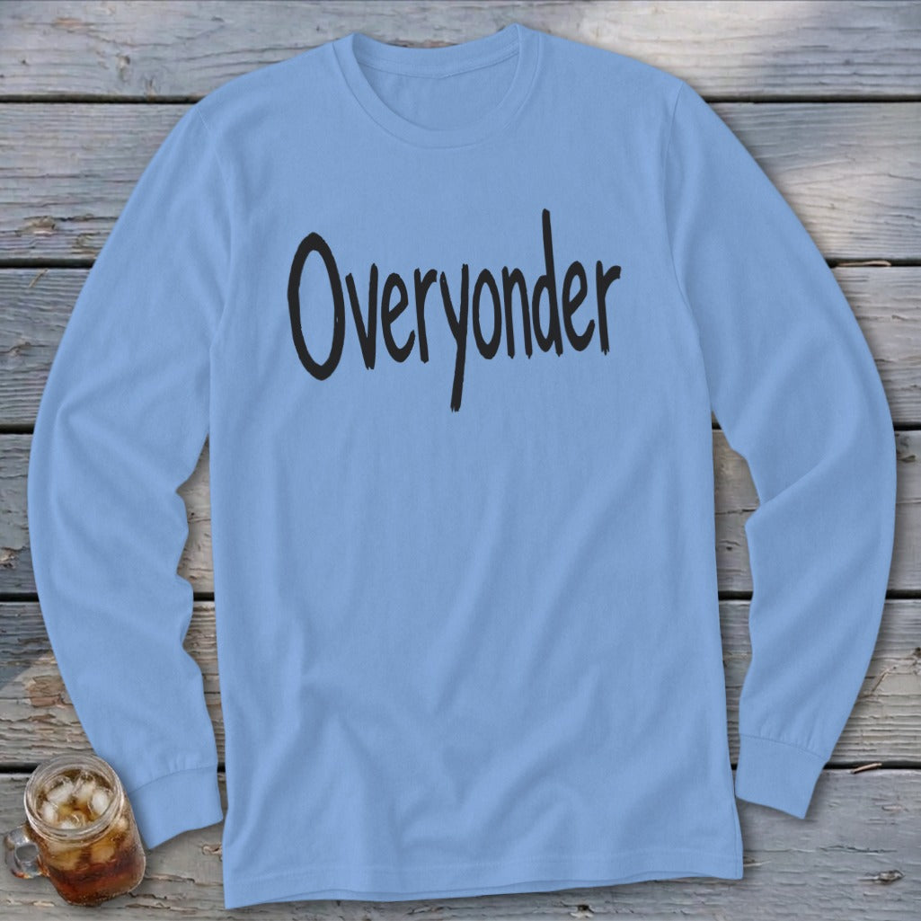 Light blue long sleeve shirt with "Overyonder" in black handwritten text.