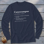 Navy long sleeve shirt with the definition of "Catawampus" printed on it.