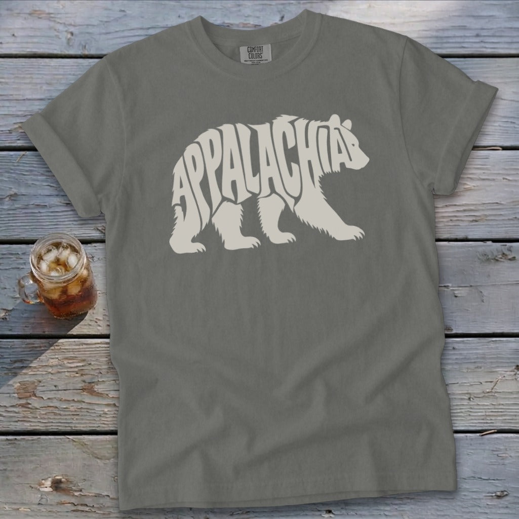 Charcoal gray t-shirt featuring a white graphic of a walking bear filled with the word Appalachia.
