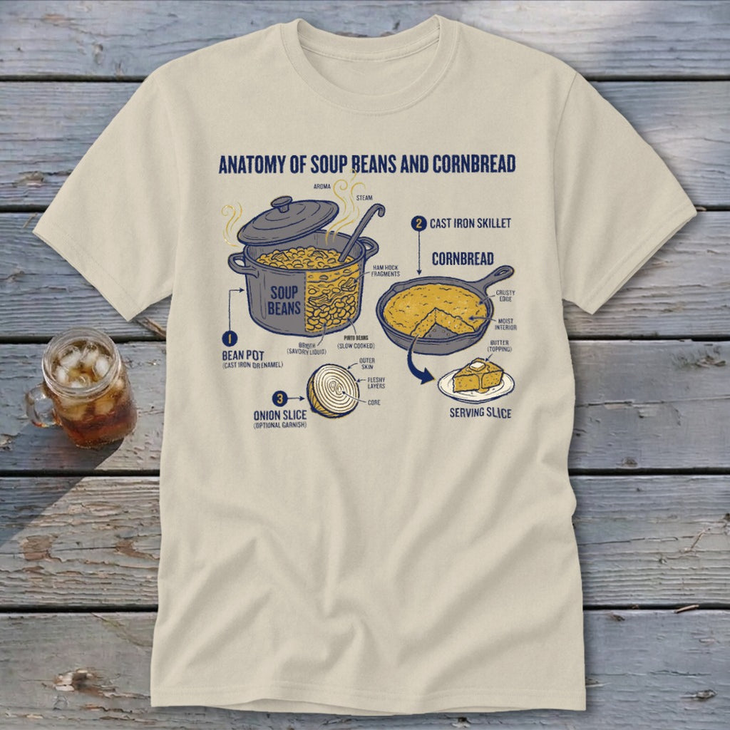 Anatomy of soup beans and cornbread diagram on a t-shirt.