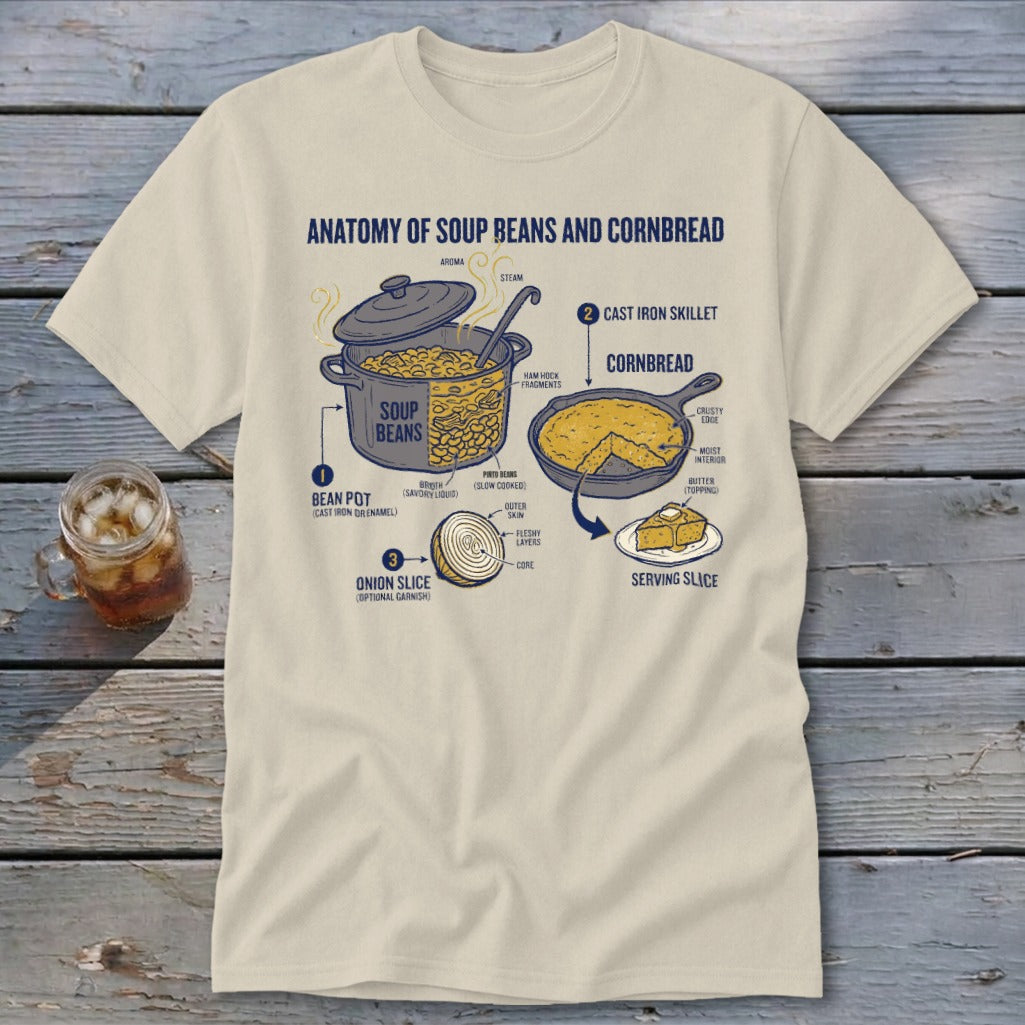 Anatomy of soup beans and cornbread diagram on a t-shirt.