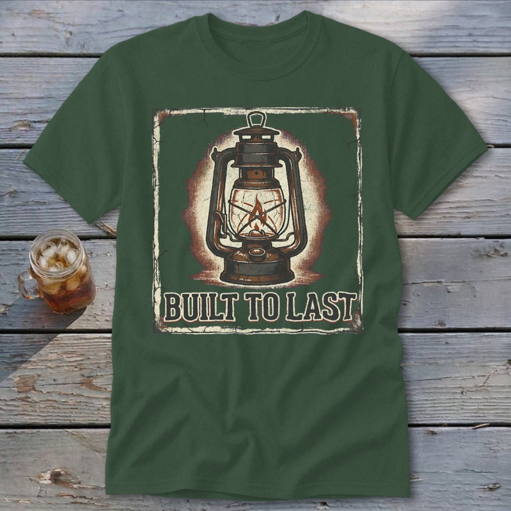 Green t-shirt with a vintage lantern graphic and "BUILT TO LAST" text.