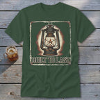 Green t-shirt with a vintage lantern graphic and "BUILT TO LAST" text.