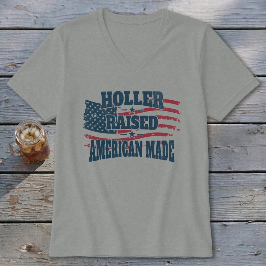 Gray t-shirt with "Holler Raised American Made" text over an American flag graphic.