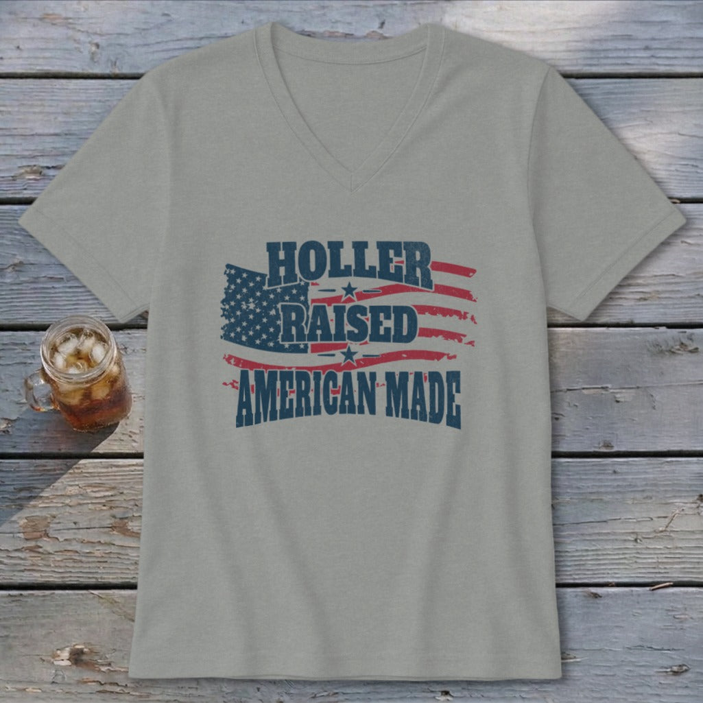 Gray t-shirt with "Holler Raised American Made" text over an American flag graphic.