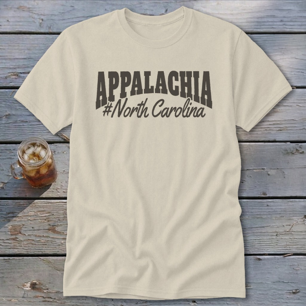 Light beige t-shirt with "APPALACHIA #North Carolina" text design.