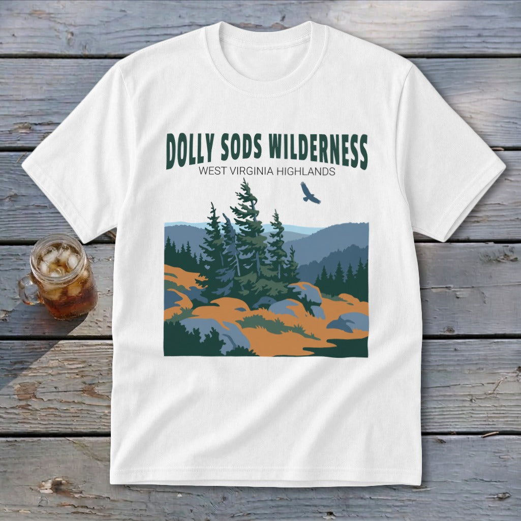 White t-shirt featuring a mountain landscape graphic with the text Dolly Sods Wilderness West Virginia Highlands.