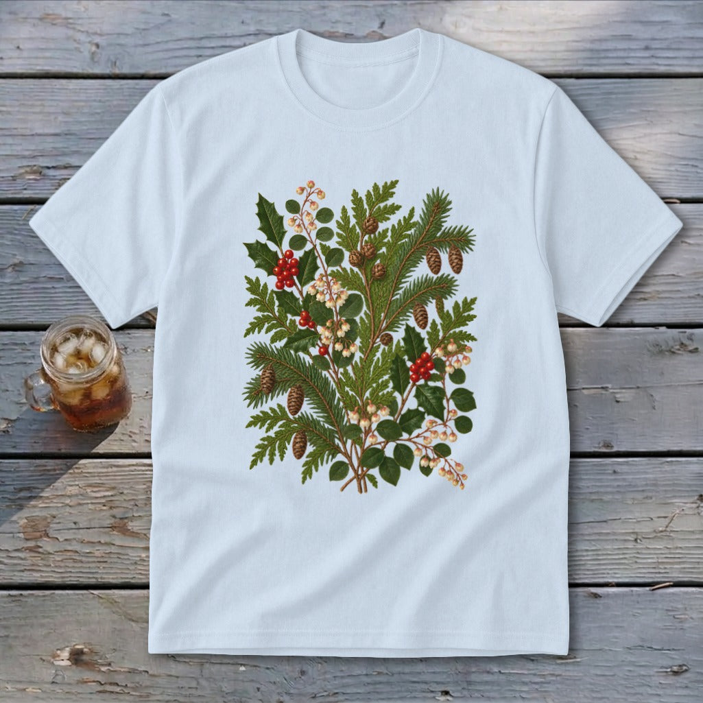 White t-shirt with a vintage botanical illustration of holly, pine cones, and berries.