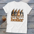 White t-shirt with four dogs howling and the word "holler".