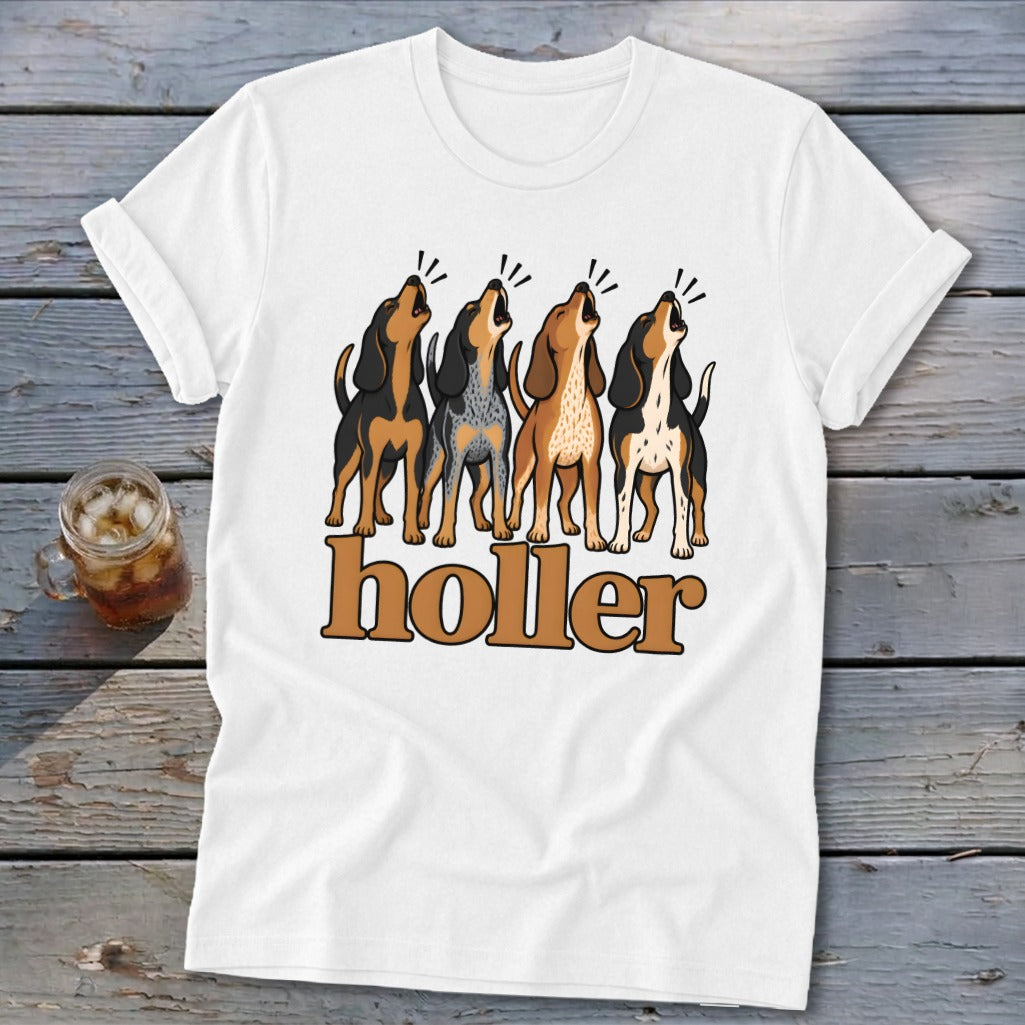 White t-shirt with four dogs howling and the word "holler".